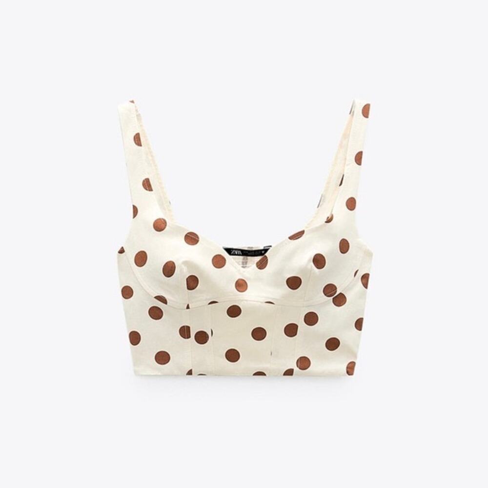 Zara | NEW Brown/Cream Polka Dot Linen Blend Cropped Tank Top Preppy Summer